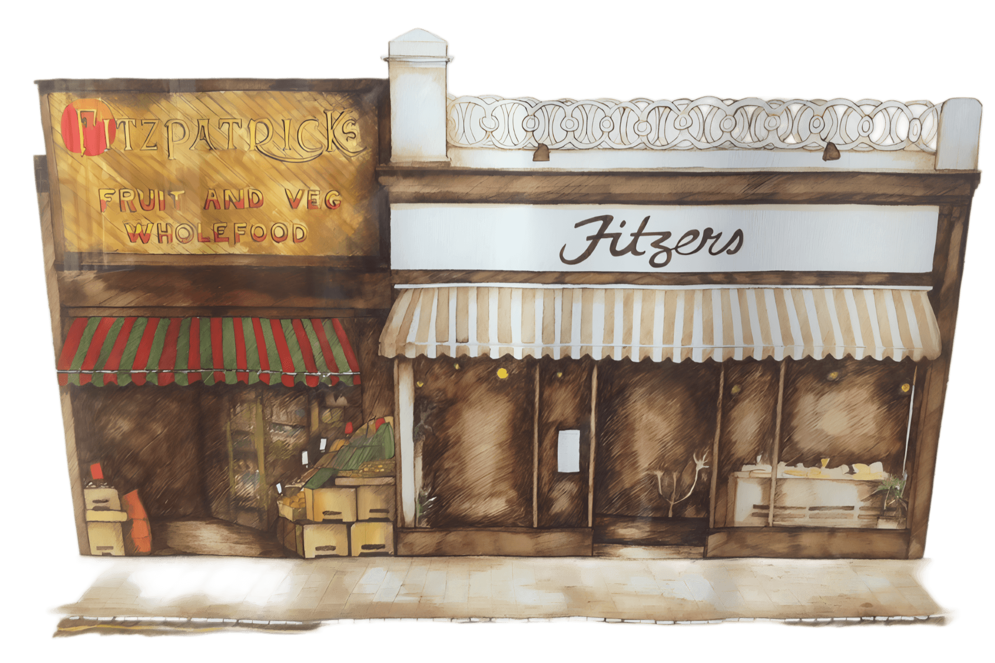 Illustration of the original Fitzers shopfront next to Fitzpatricks Fruit and Veg Wholefood shop.